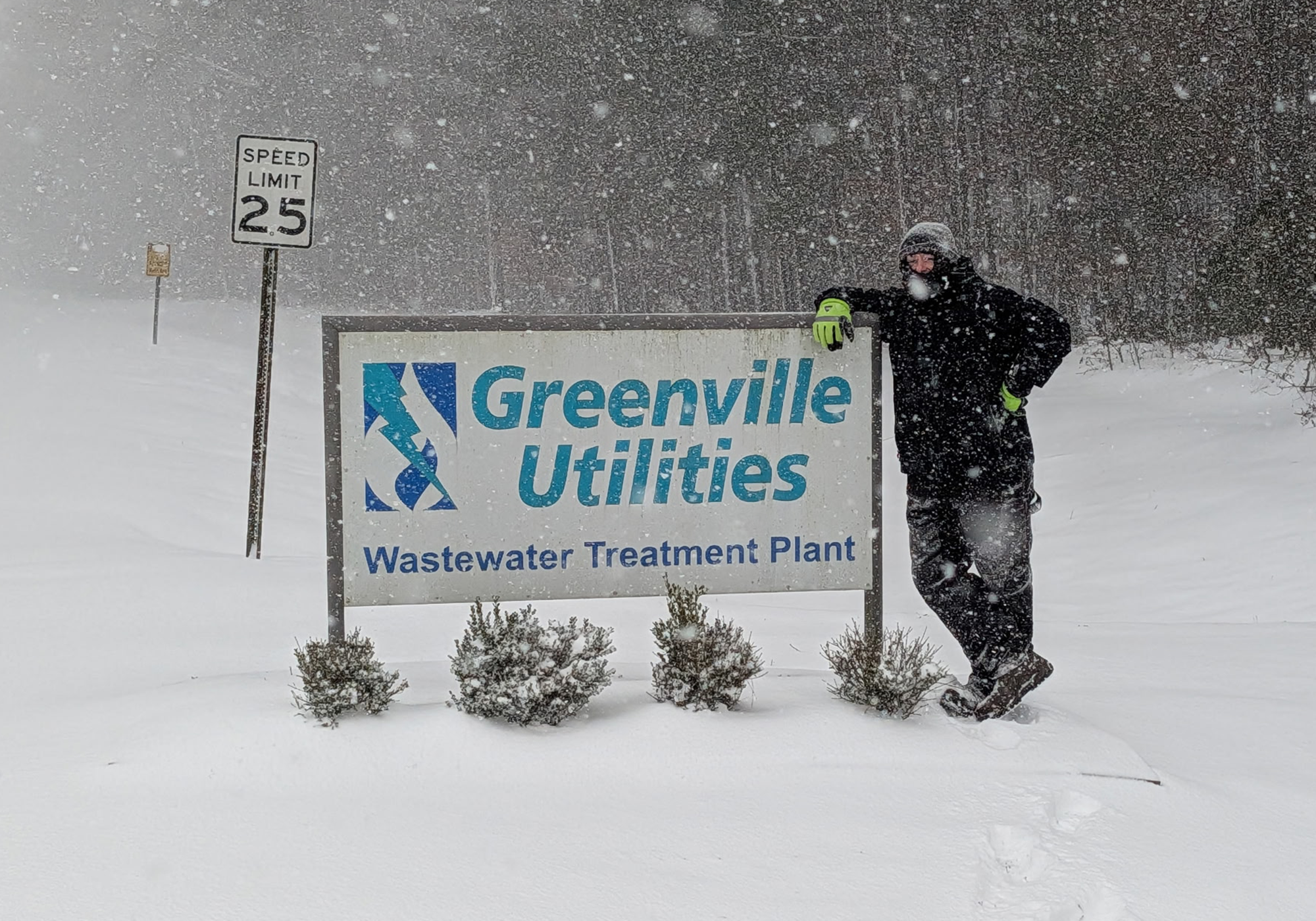 Wastewater Treatment Plant sign in a snow storm