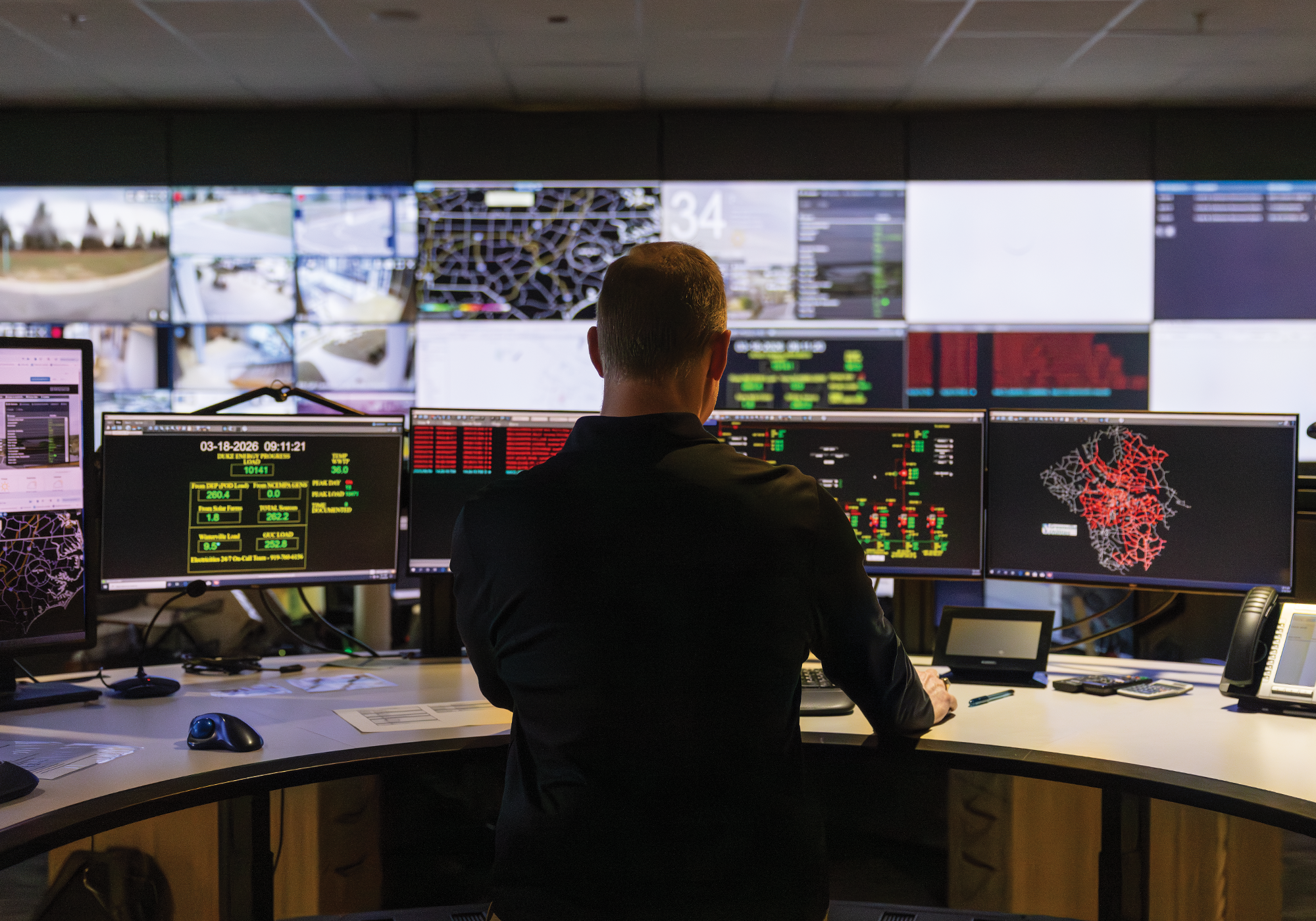 Russ Carson stands at the control room workstation facing multiple computer monitors displaying maps, data dashboards, and surveillance feeds. The dimly lit room is filled with large screens on the wall.
